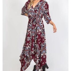 Lulu’s Boho Babe Floral Handkerchief Hem Maxi  Belted Dress.